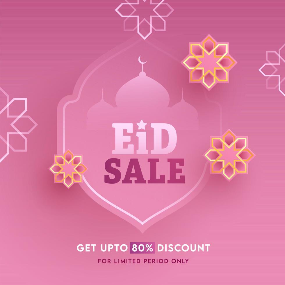 islámico festival eid Mubarak rebaja concepto con vistoso floral, mezquita en suave rosado antecedentes. vector