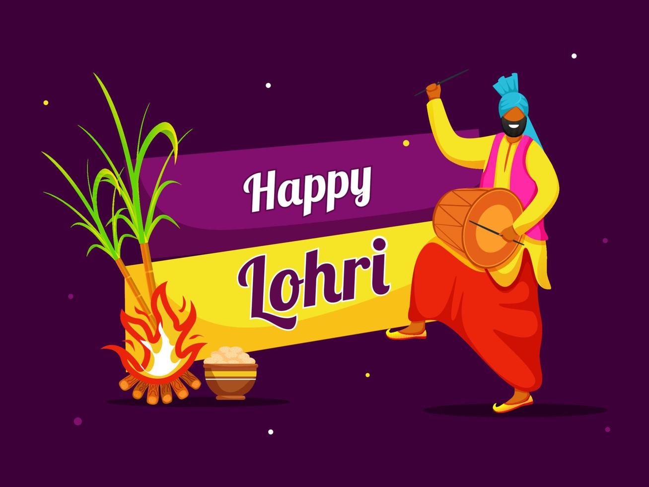 Illustration Of Cheerful Punjabi Man Playing Dhol With Bonfire, Sugarcane And Sweet Bowl On Purple Background For Happy Lohri Celebration. vector