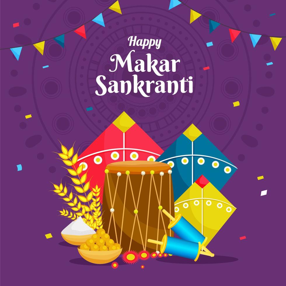 Illustration Of Colorful Kites, String Spools, Wheat Ear, Indian Sweet, Rice Bowl And Drum On Purple Background For Happy Makar Sankranti. vector