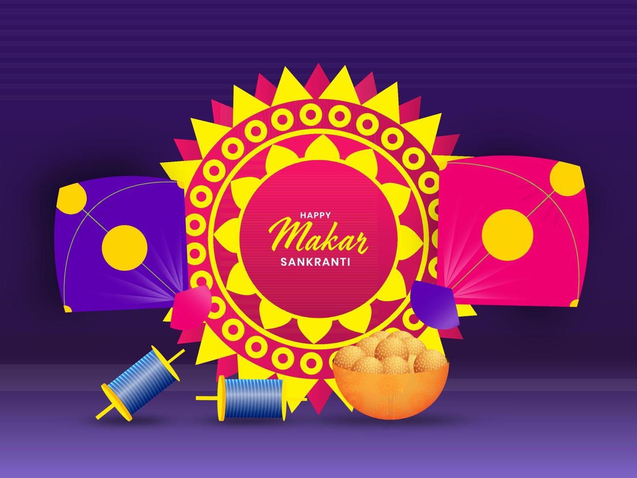 contento makar sankranti texto en mandala marco con cometas, cuerda carretes y indio dulce en Violeta antecedentes. vector