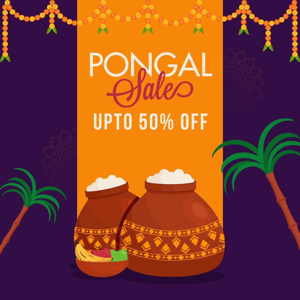 pongal rebaja póster diseño con arroz barro ollas, frutas y Caña de azúcar. vector