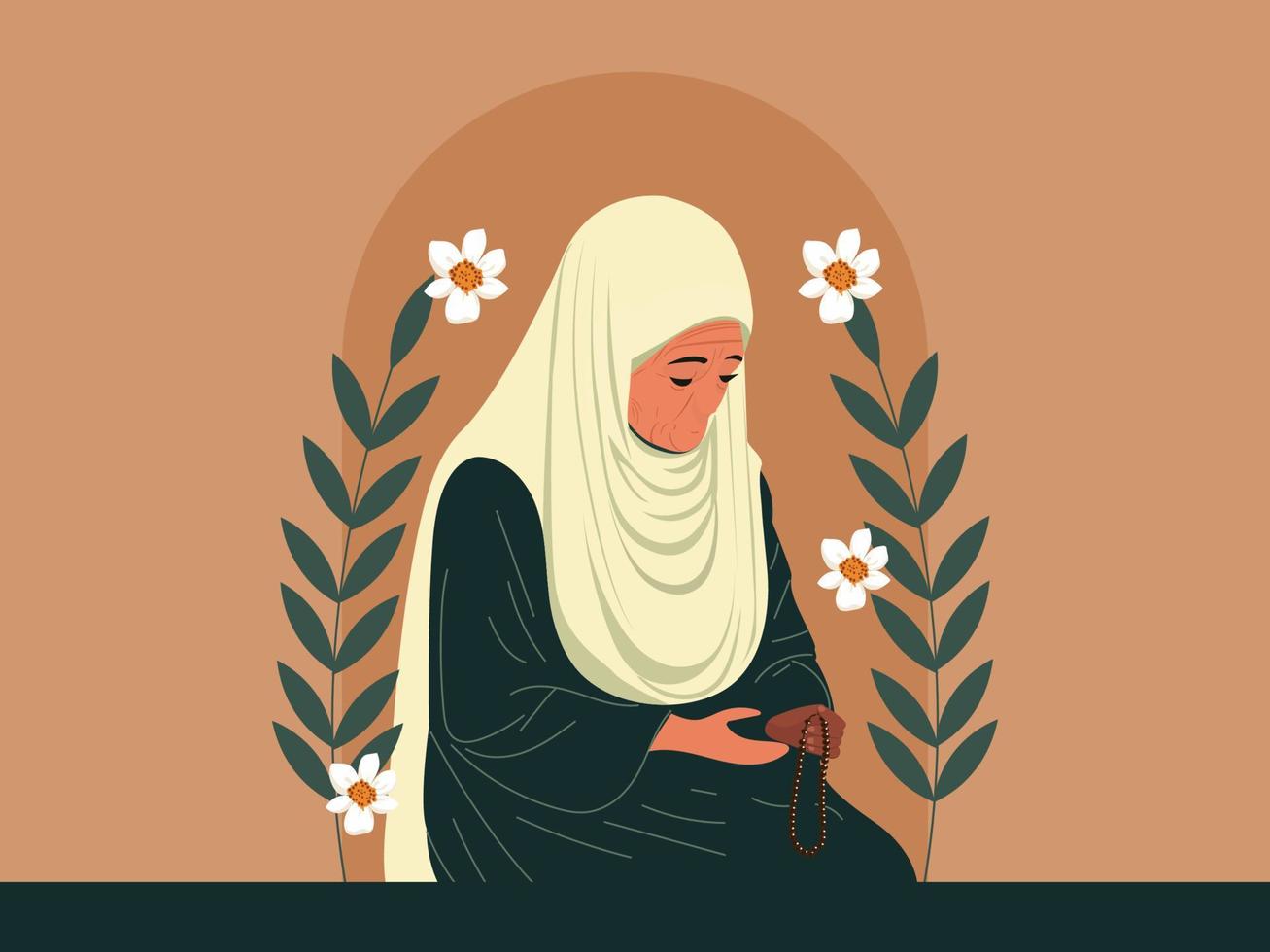 musulmán mayor mujer personaje Orando con tasbih en floral antecedentes y Copiar espacio. islámico religioso concepto. vector