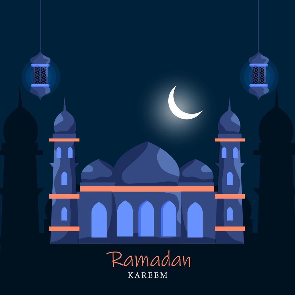 Islamic Holy Month of Ramadan Concept with Hanging Lanterns, Mosque on Cresent Moon Light Blue Background. vector