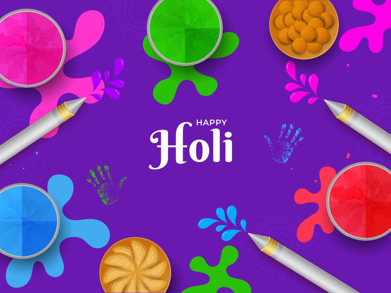 parte superior ver de color bochas con dulces, huellas de manos y agua pistolas en púrpura antecedentes para contento holi celebracion. vector