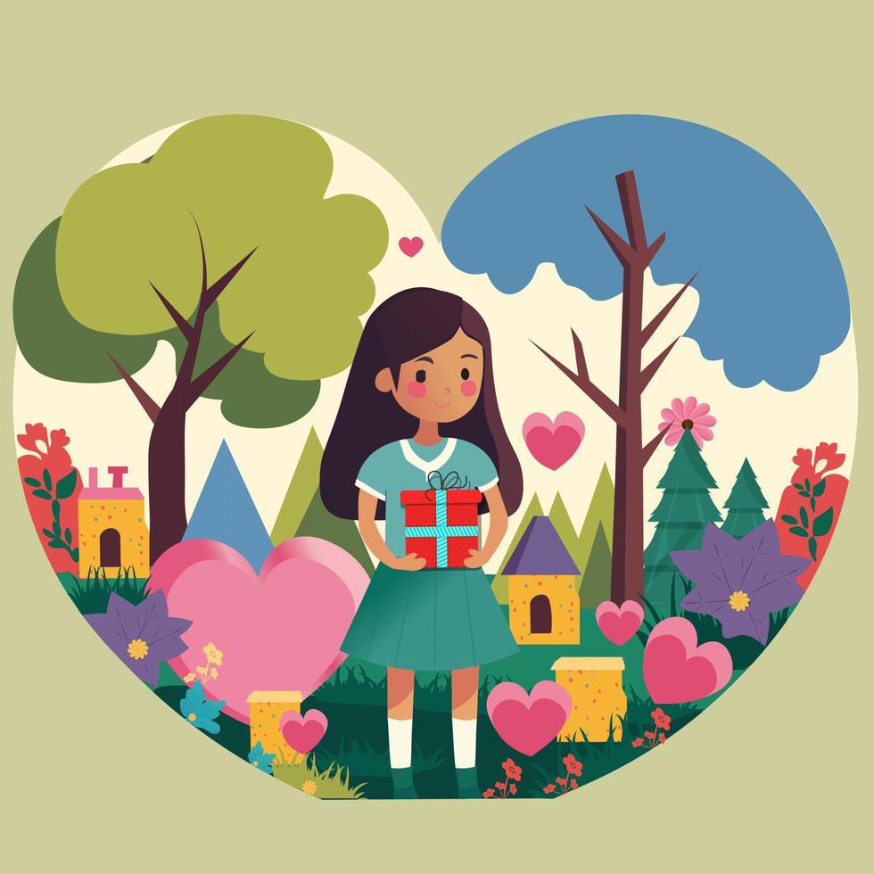 Standing Cute Girl Character Holding Gift Box In Heart Shape Cityscape Nature Background. vector