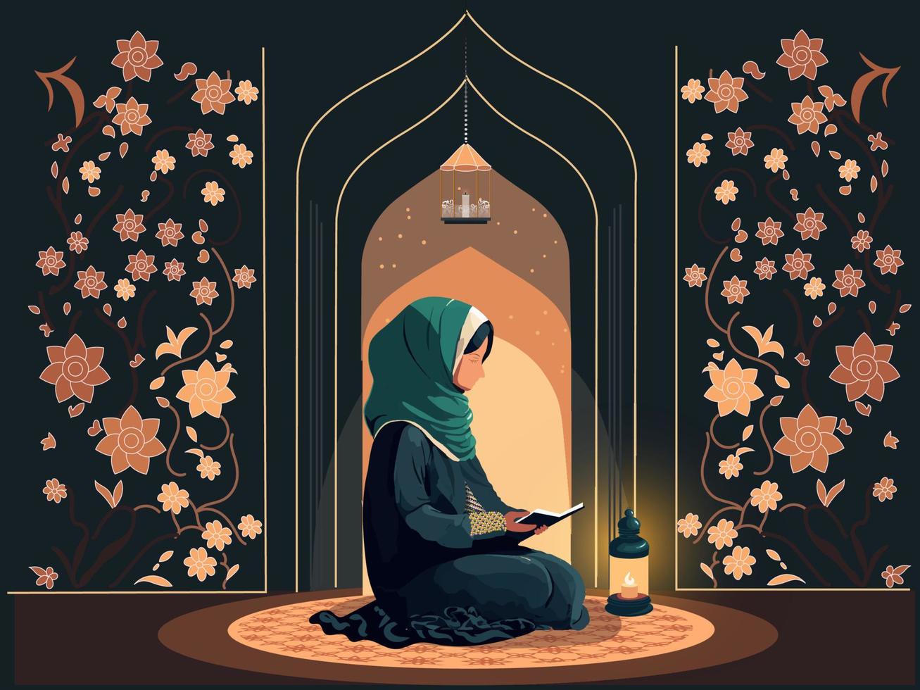 musulmán mujer personaje leyendo Corán libro en sentado actitud y iluminado lamparas en floral antecedentes. vector