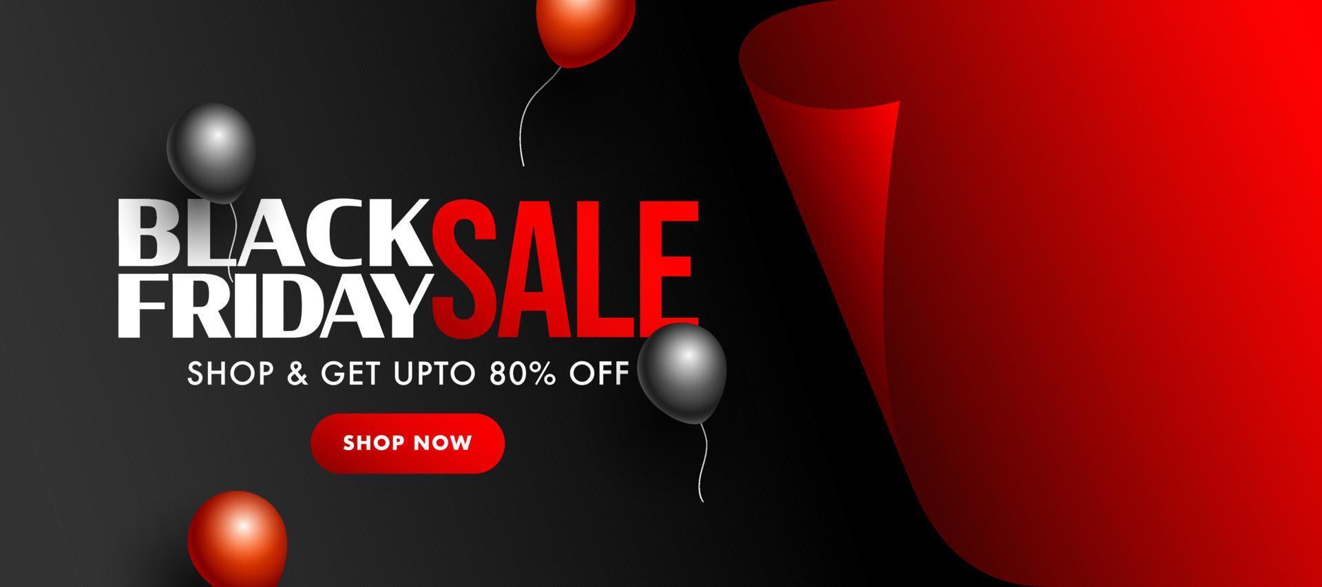 Black Friday Sale Banner Design with  Discount Offer and Glossy Balloons on Red Curl Paper Background. vector