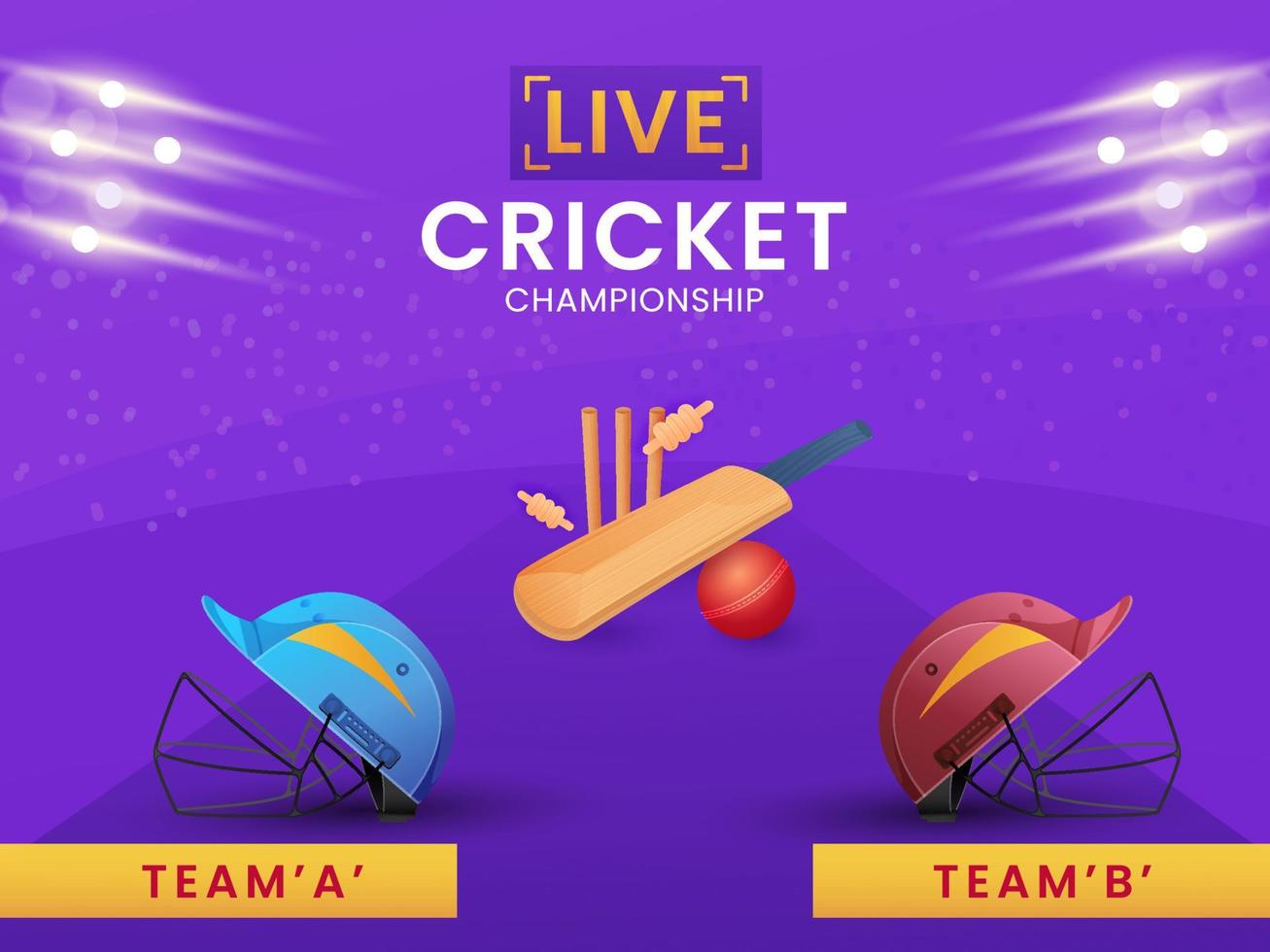 Two Helmets Of Participate Teams With Equipments And Light Effect On Purple Background For Live Cricket Championship. vector