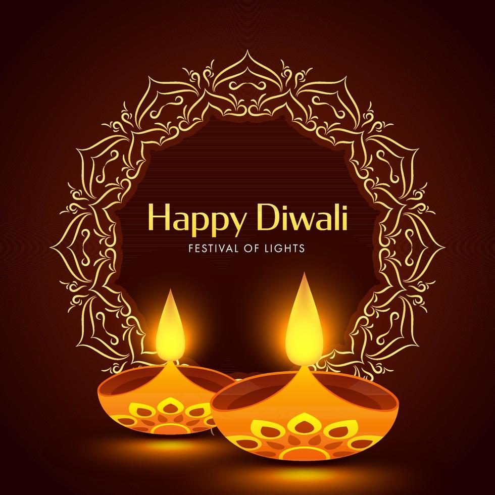 Happy Diwali Greeting Card Or Poster Design with Illuminated Oil Lamps on Brown Background. vector