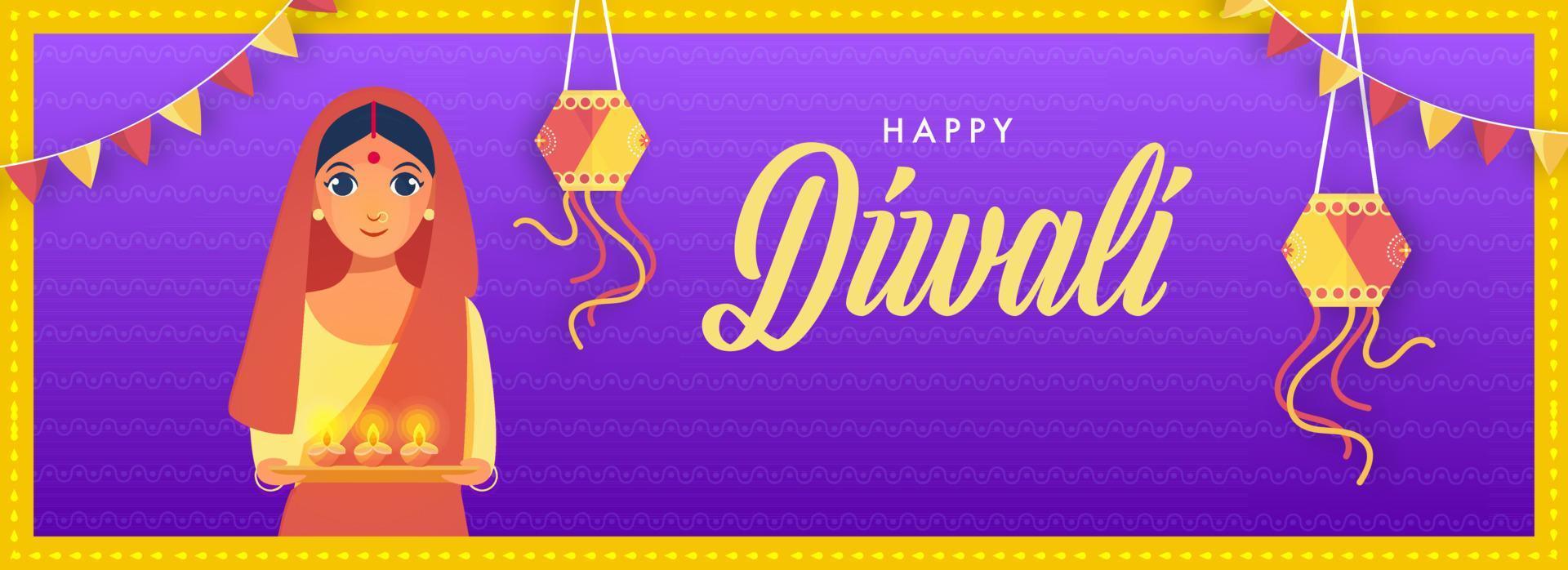 contento diwali encabezamiento o bandera diseño con indio mujer participación plato de iluminado petróleo lamparas en púrpura y amarillo antecedentes. vector