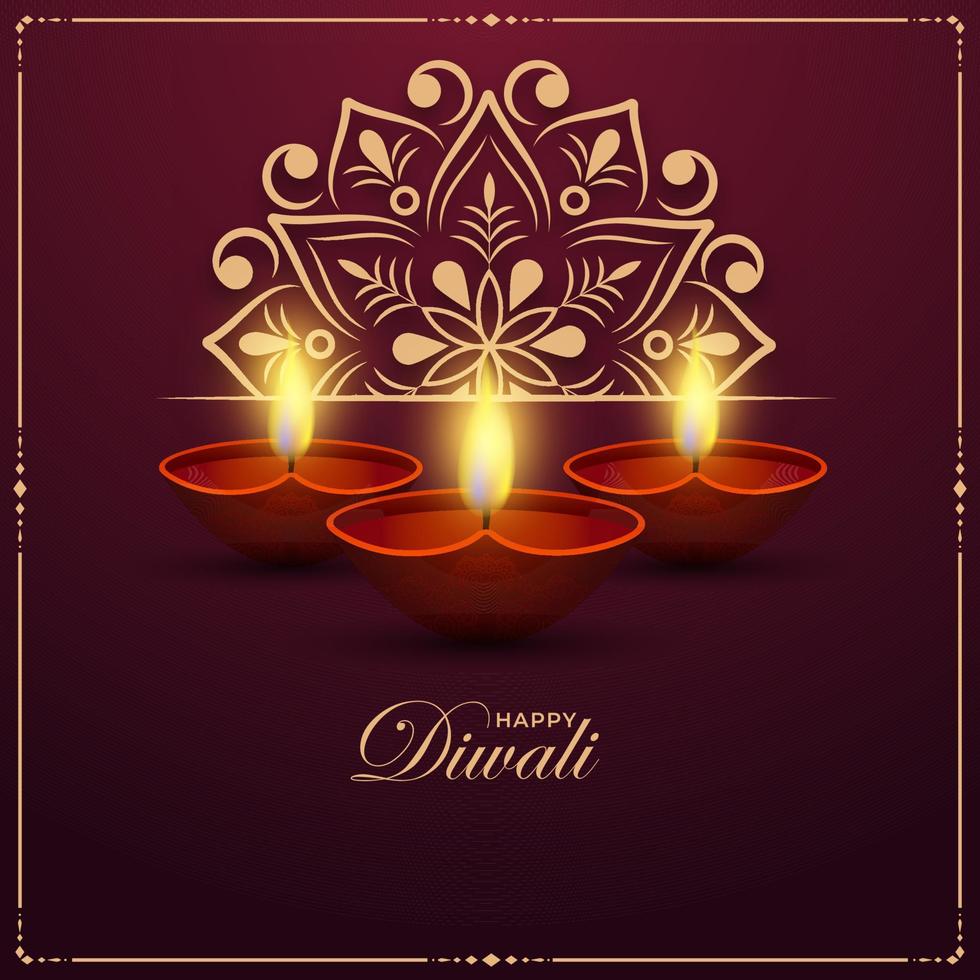 Happy Diwali Celebration Concept With Illuminated Oil Lamps And Mandala Pattern On Dark Maroon Background. vector