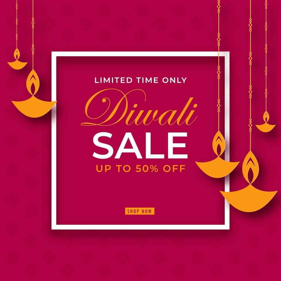 Diwali Sale Poster Design with Discount Offer and Yellow Paper Lit Oil Lamps Hang on Pink Background. vector