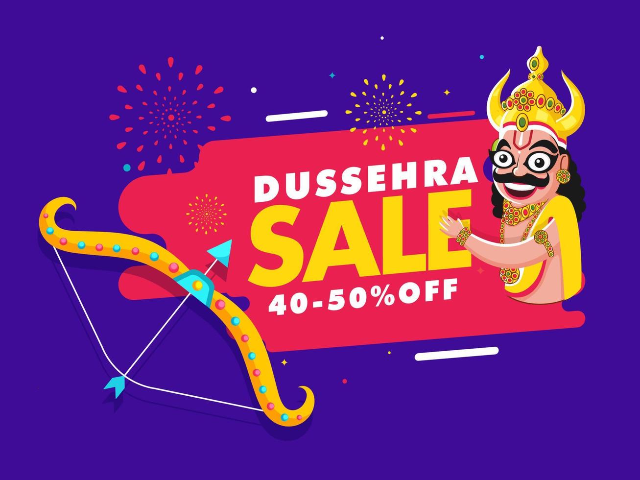 Dussehra Sale Poster Design with Discount Offer and Demon Ravana Character on Purple and Pink Background. vector