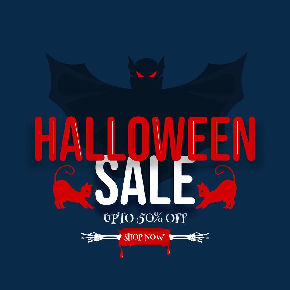 Halloween Sale Poster Design with Discount Offer, Two Cats and Scary Bat on Blue Background. vector