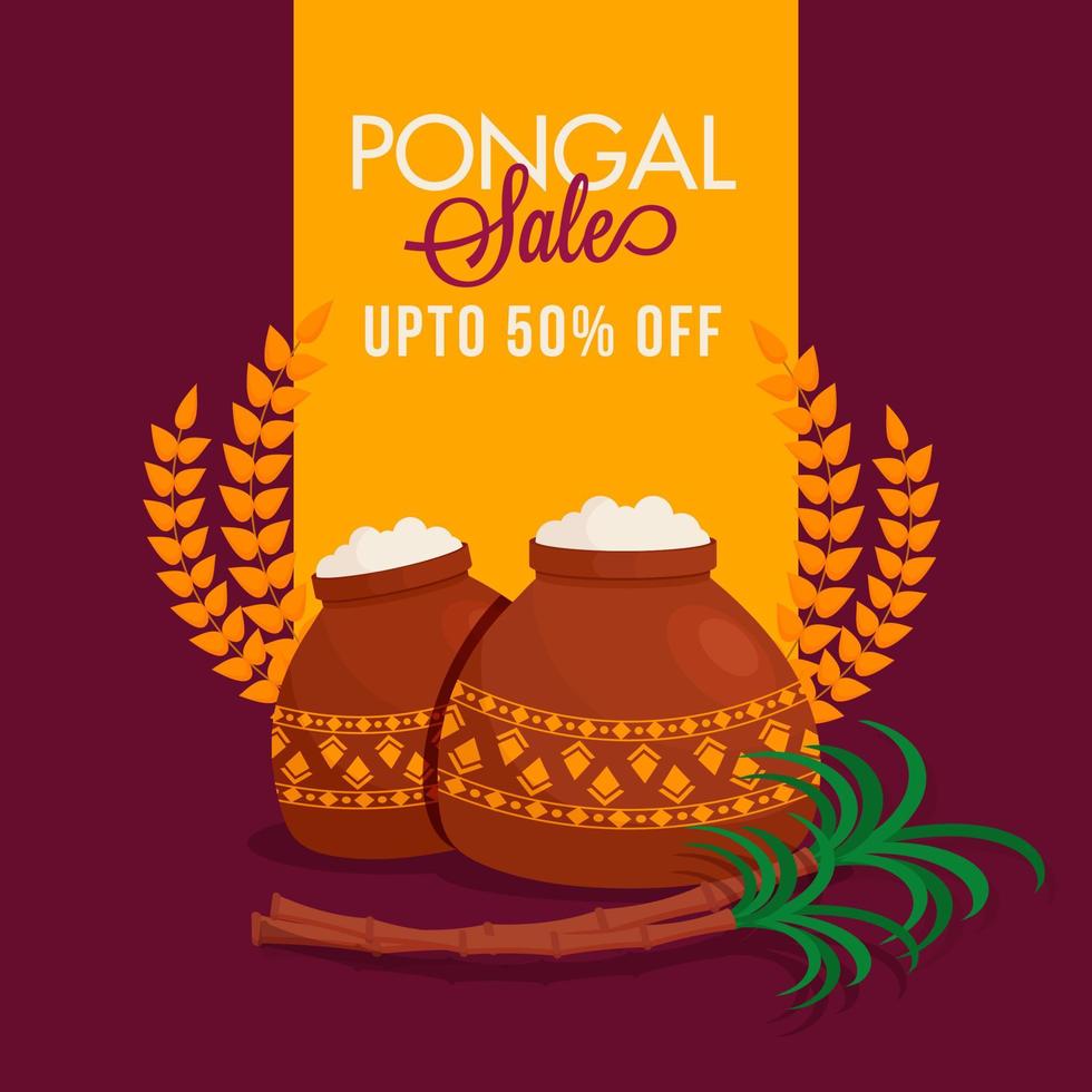 pongal rebaja póster diseño con arroz barro ollas, Caña de azúcar y trigo orejas. vector