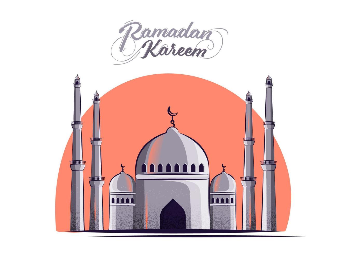 Islamic Holy Month of Ramadan Kareem with Beautiful Mosque on Orange and White Background. vector