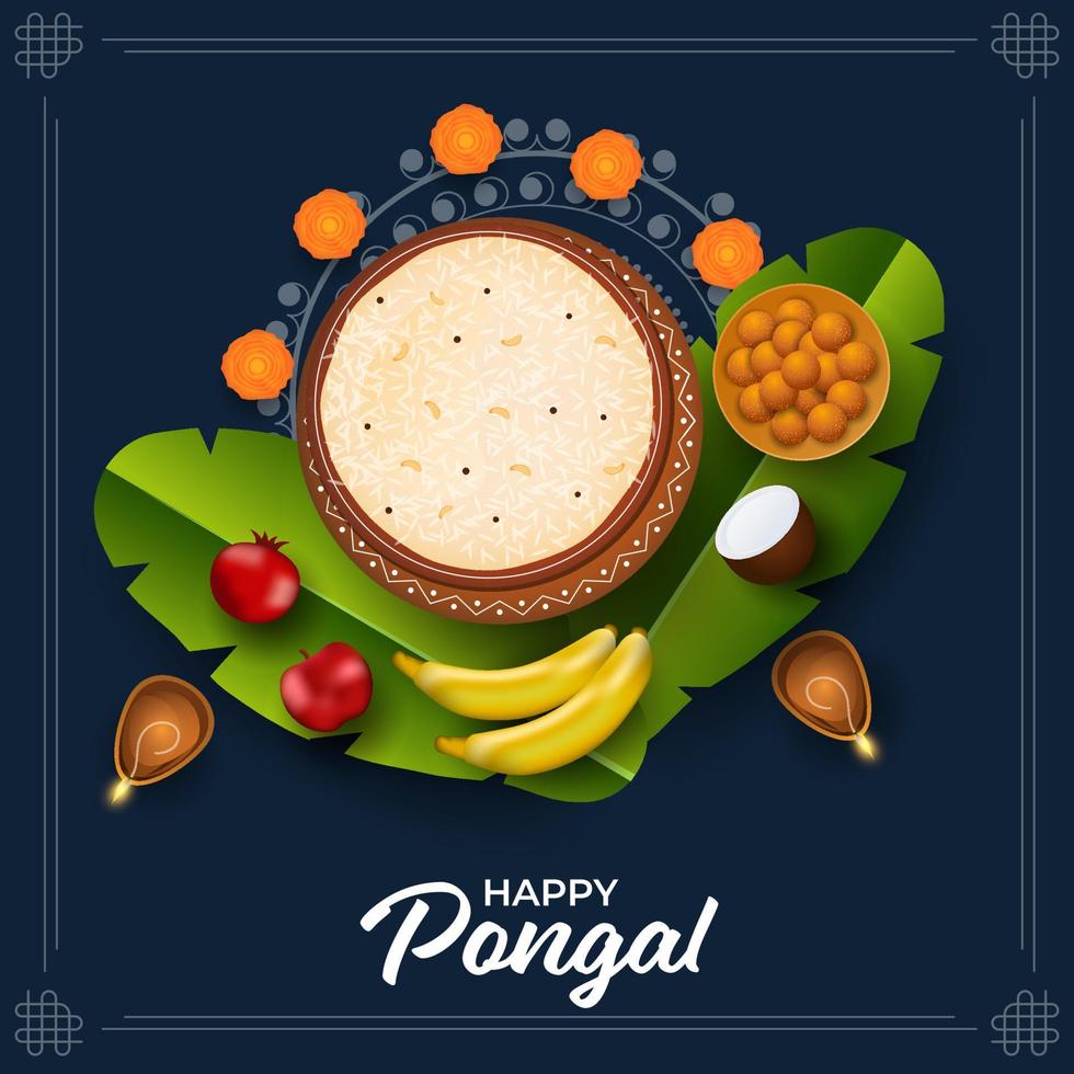 Top View Of Rice Mud Pot With Indian Sweet, Fruits, Lit Oil Lamps, Banana Leaves On Teal Blue Background For Happy Pongal. vector