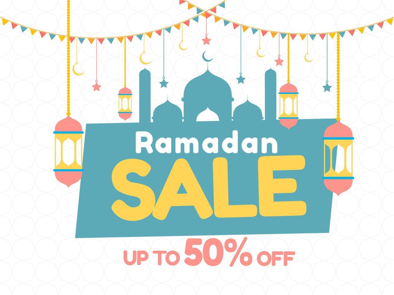 Islamic holy month of Ramdan Sale Concept with Hanging Colorful Lanterns, Beautiful Mosque and Colorful Bunting Flags. vector