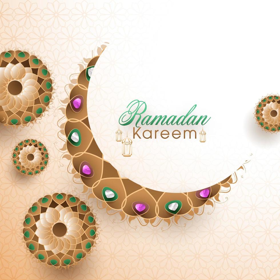 Beautiful crescent golden moon decorated with gems and arabic floral pattern. Islamic holy month of Ramadan Kareem Concept. vector