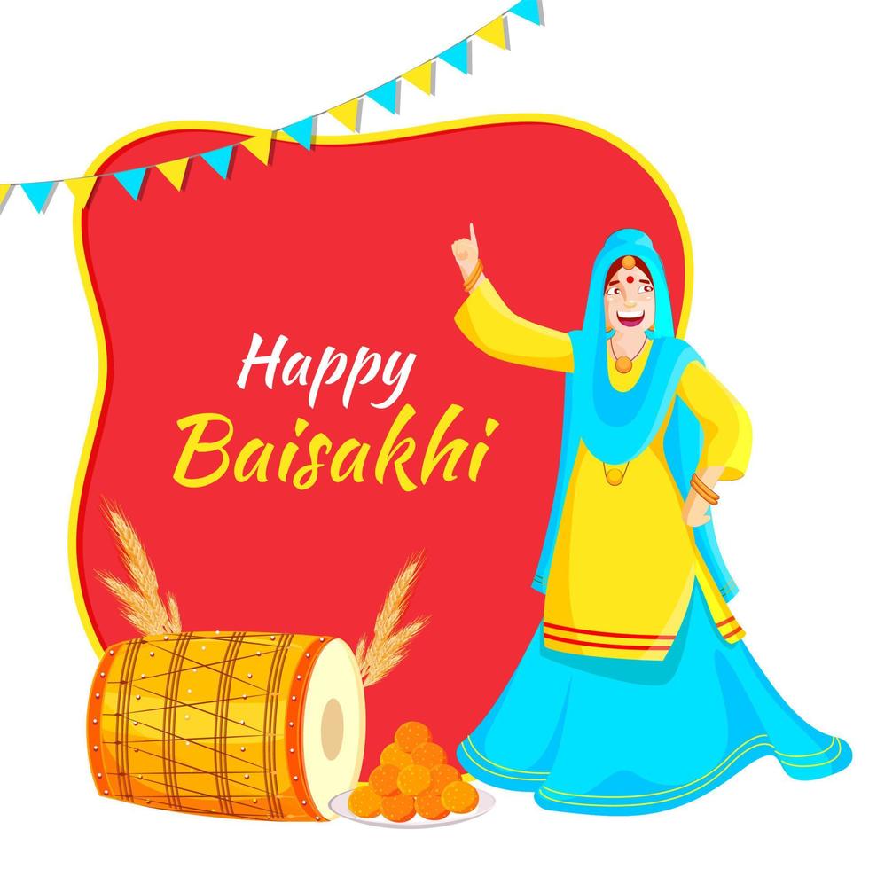 Happy Baisakhi Font with Punjabi Woman Dancing, Dhol, Wheat Ear and Indian Sweet on Red and White Background. vector