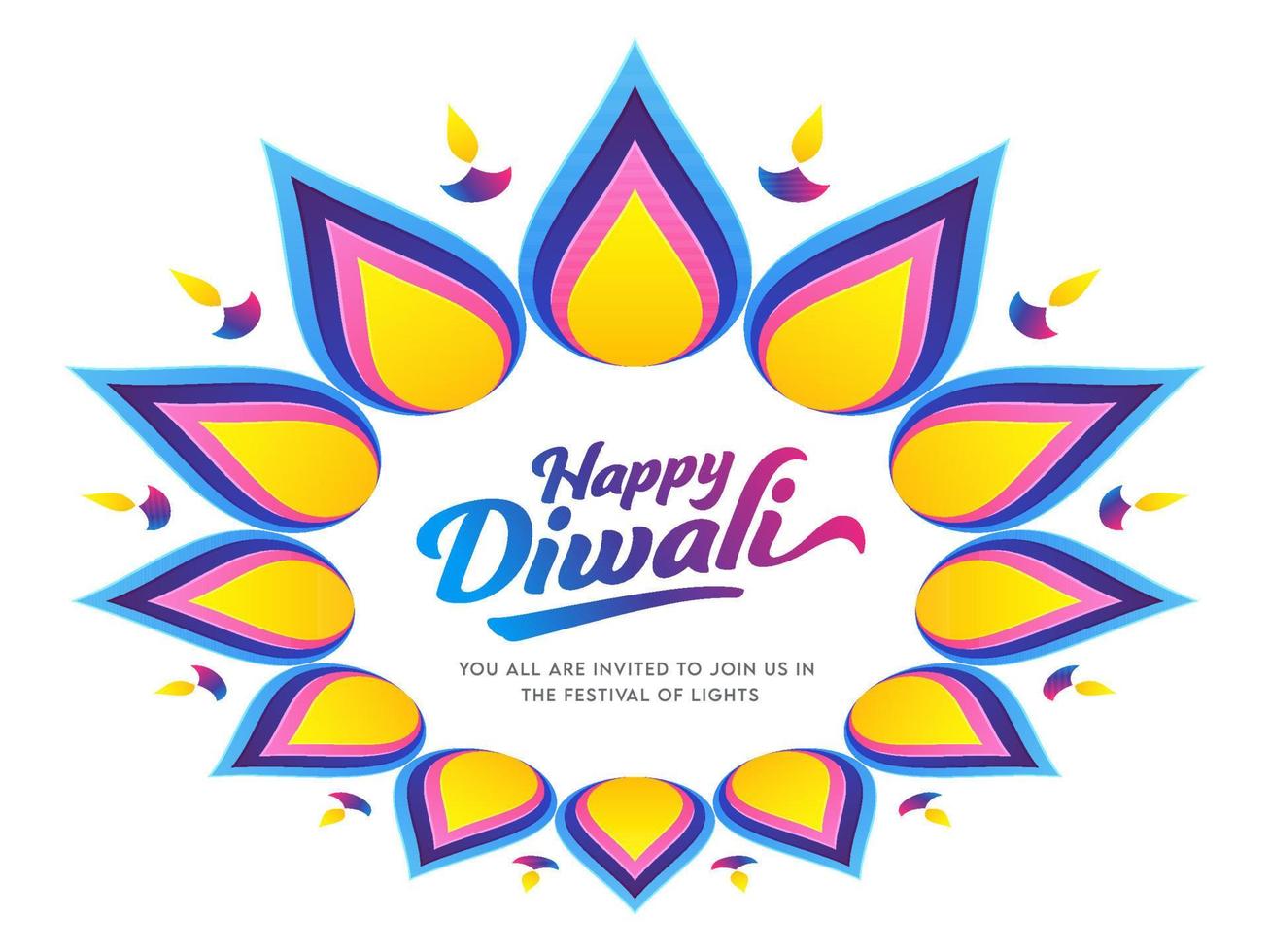 Happy Diwali Font on Rangoli Or Floral Pattern Decorated with Lit Oil Lamps. vector