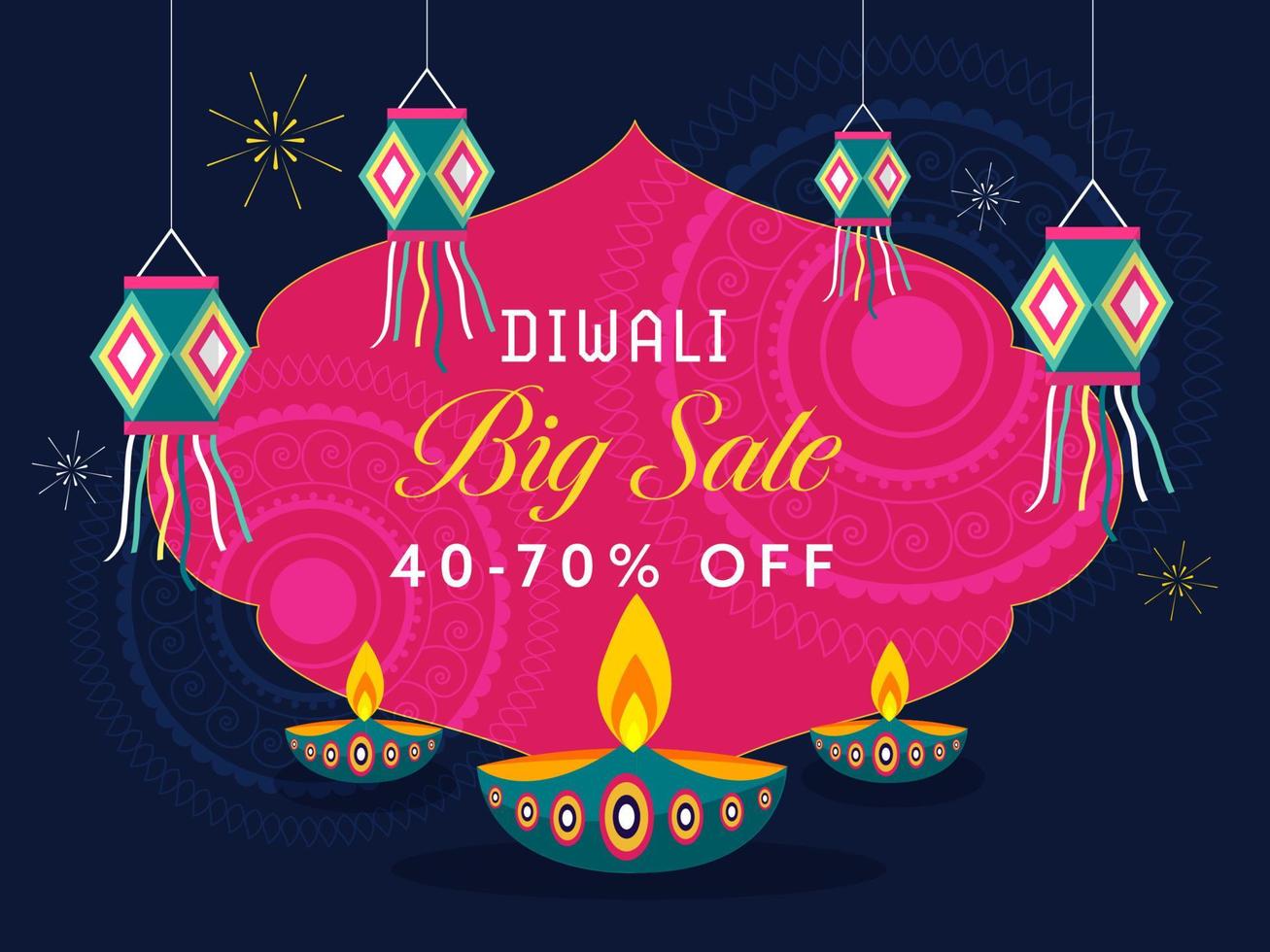 Diwali Big Sale Poster Design with Discount Offer, Illuminated Oil Lamps and Hanging Lanterns on Pink and Blue Mandala Pattern Background. vector