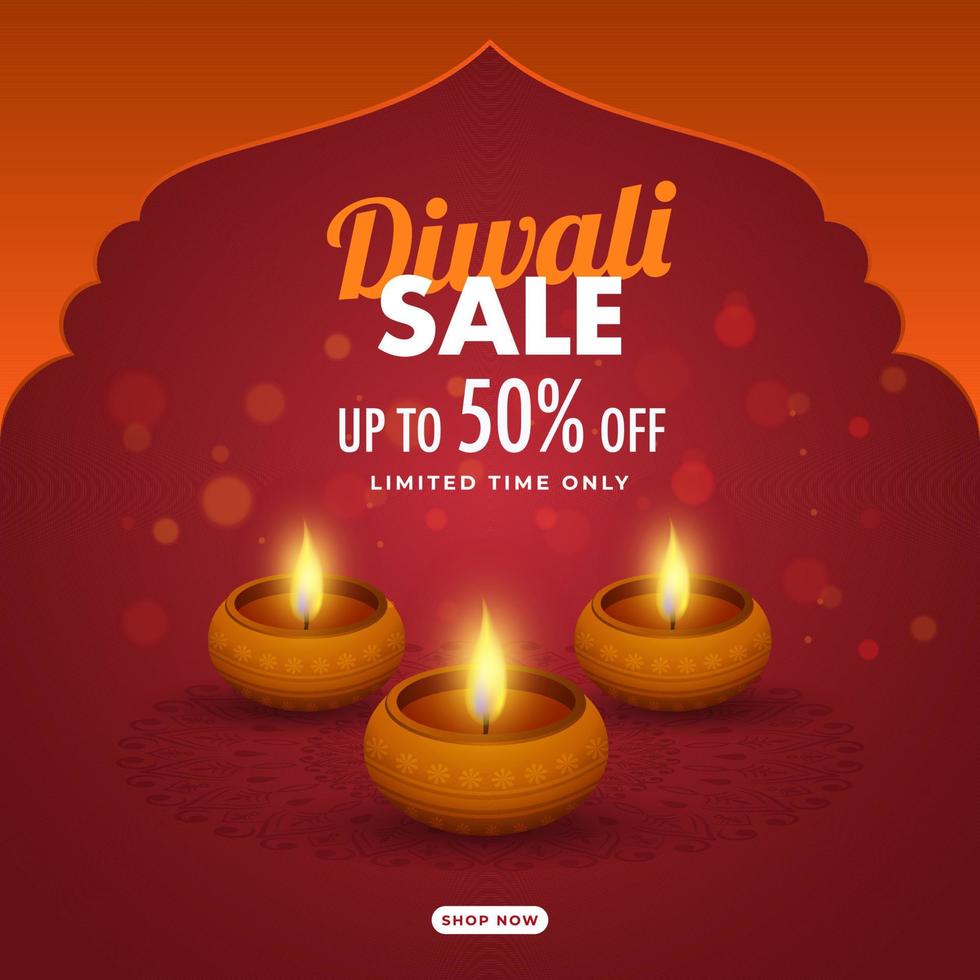 Diwali Sale Poster Design with Discount Offer, Lit Oil Lamps on Orange and Red Bokeh Background. vector