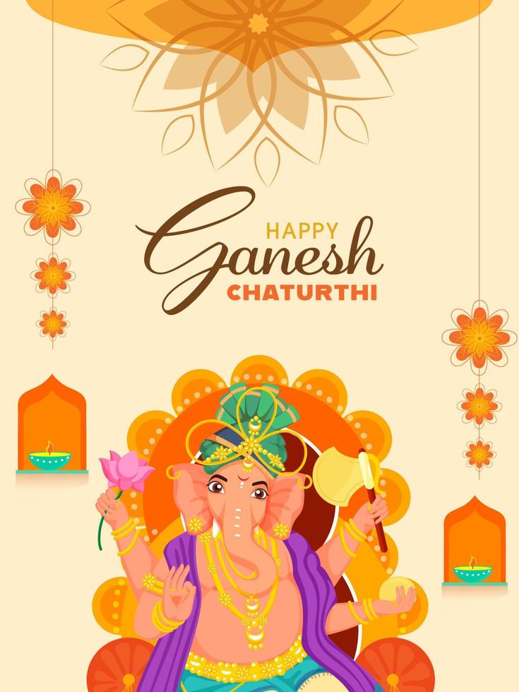 Hindu Mythology Lord Ganesha Idol With Burning Oil Lamps And Flowers Hang On Yellow Background For Happy Ganesh Chaturthi Celebration. vector