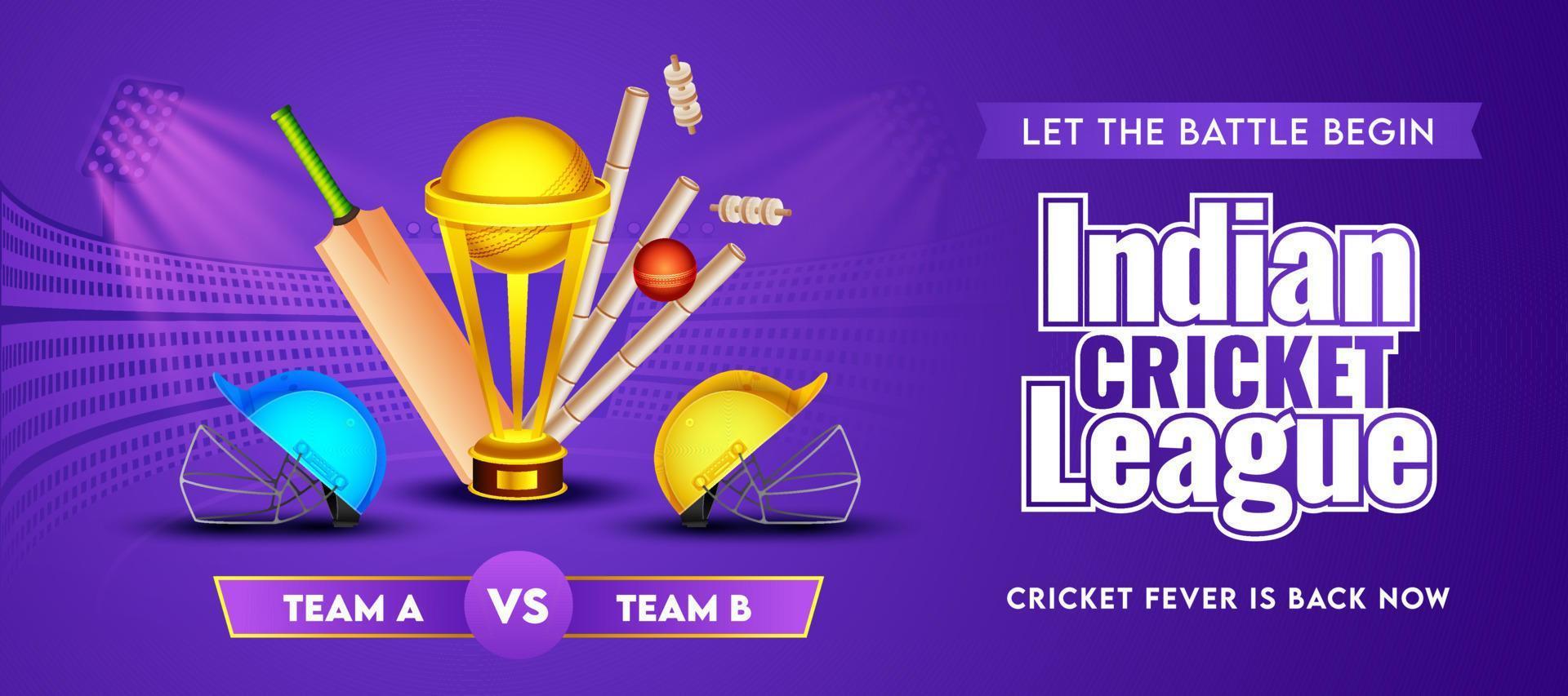 Indian Cricket League Header or Banner of Participate Teams with Realistic Cricket Equipment and Golden Trophy Cup on Purple Stadium Background. vector