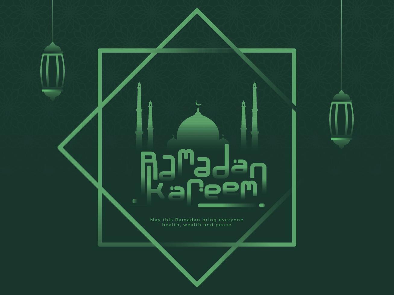 Islamic Holy Month of Ramadan Kareem Concept with Hanging Lanterns, Mosque on Green Background. vector
