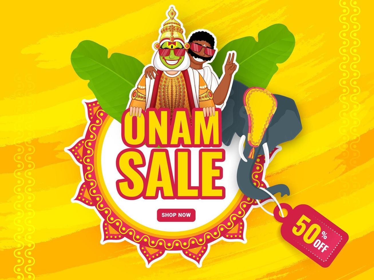 Sticker Style Onam Sale with Kathakali Dancer, South Indian Man, Elephant Face, Banana Leaves and Discount Tag on Yellow Brush Stroke Texture Background. vector