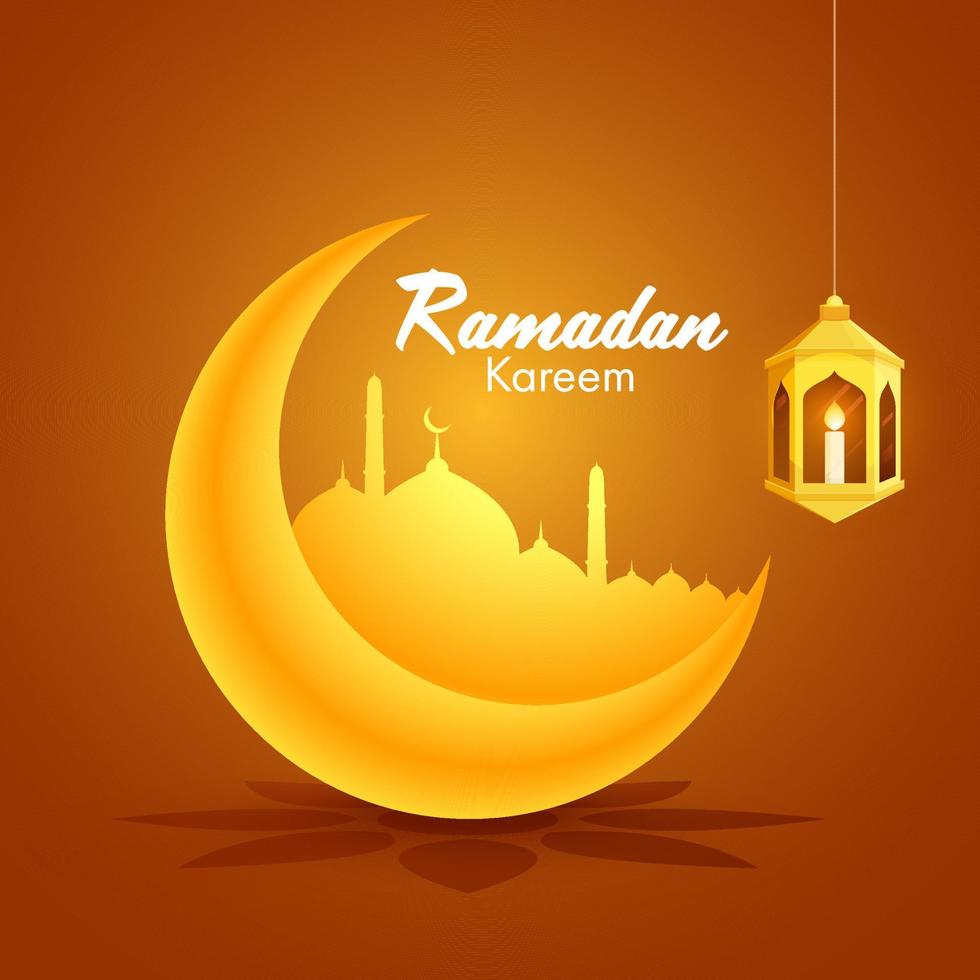 Golden Crescent Moon and Mosque and illuminated Golden Arabic Lantern on Orange Background for Islamic Holy Month of Ramadan Kareem Concept. vector