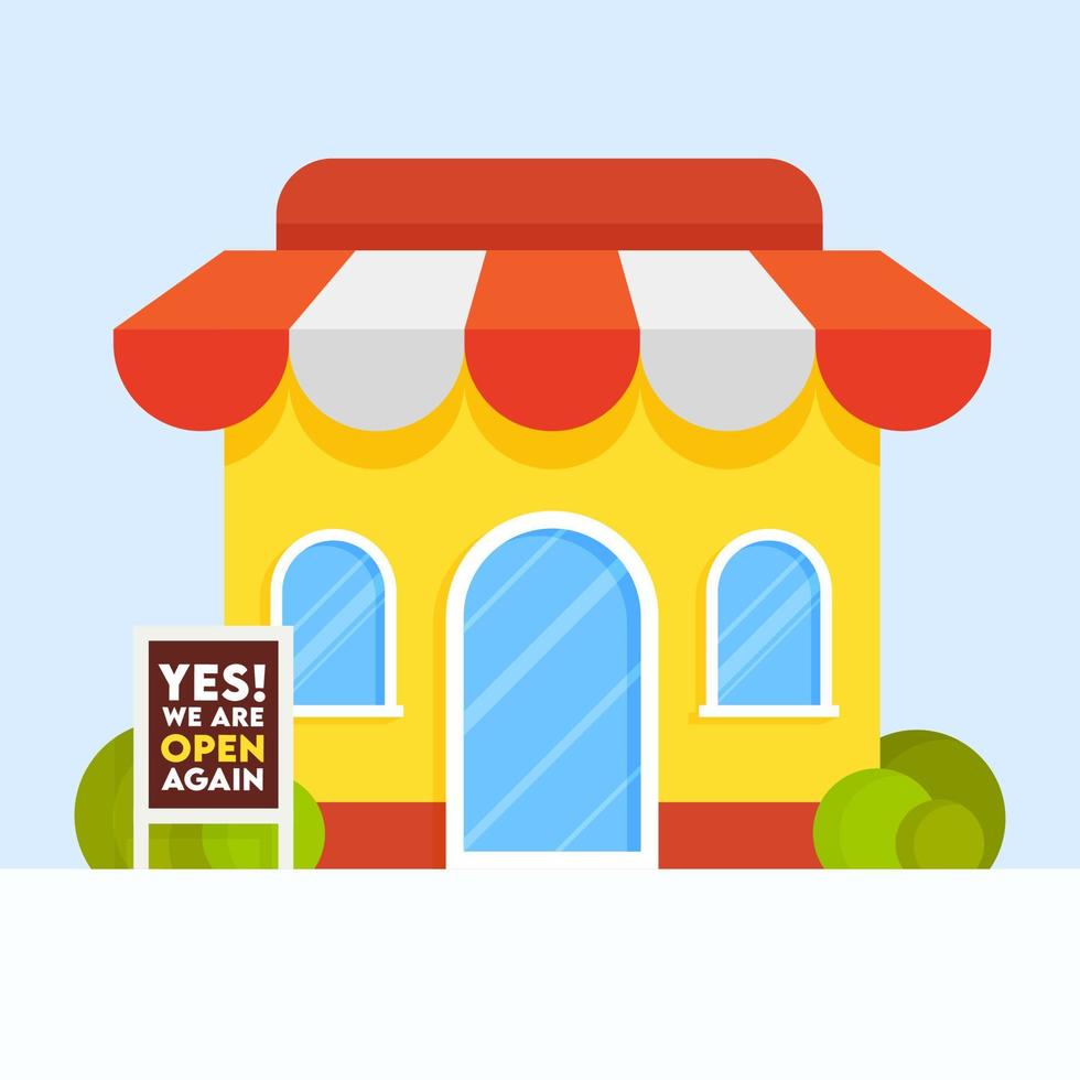 Illustration of Shop or Store with Yes We Are Open Again Text on Board. vector