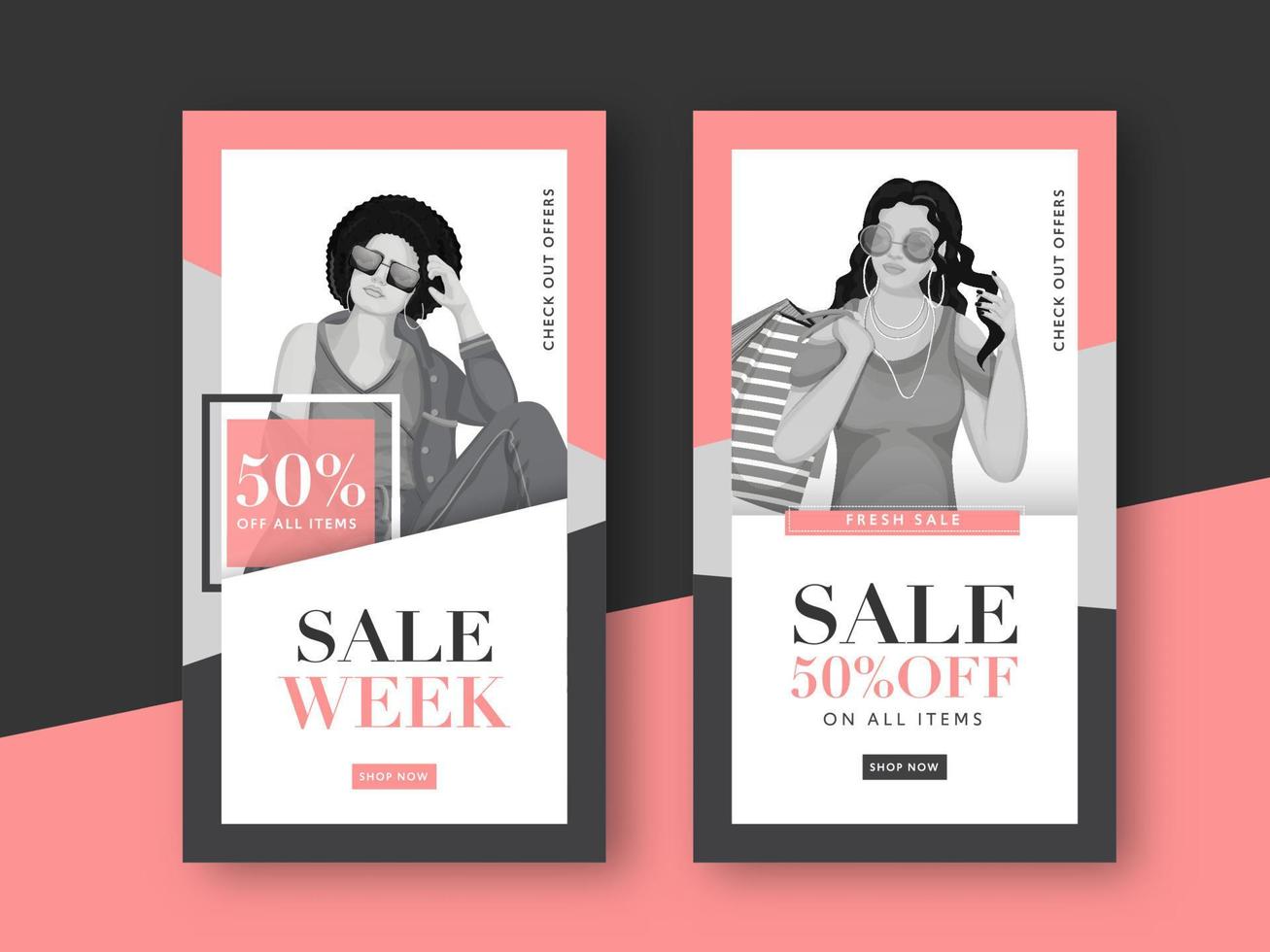 Sale Template or Flyer Design with Discount Offer and Modern Young Girl in Two Option. vector