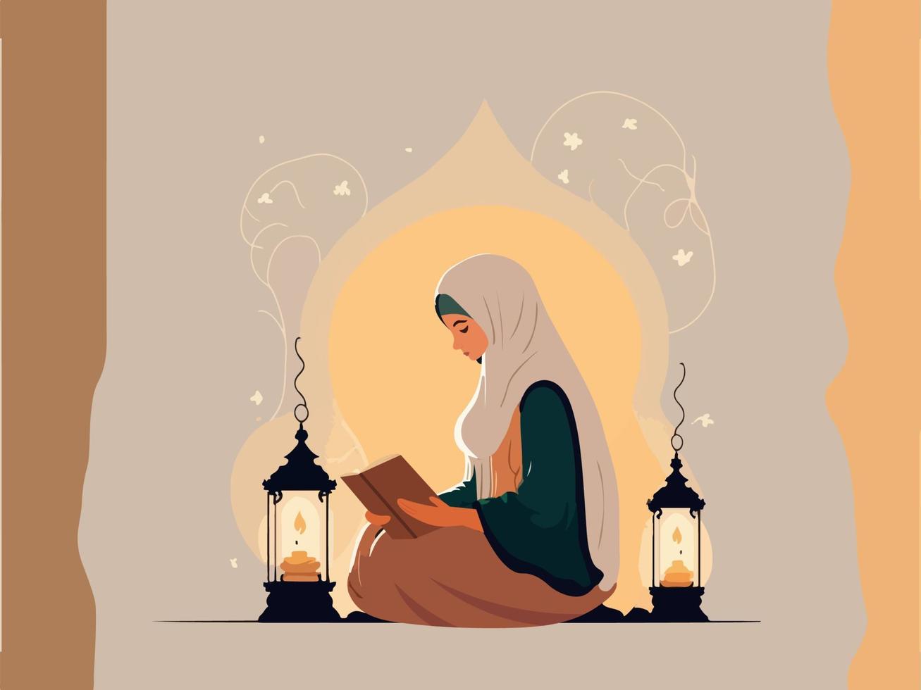 musulmán joven mujer personaje leyendo santo libro en sentado actitud cerca iluminado lamparas en contra antecedentes y Copiar espacio. islámico religioso concepto. vector