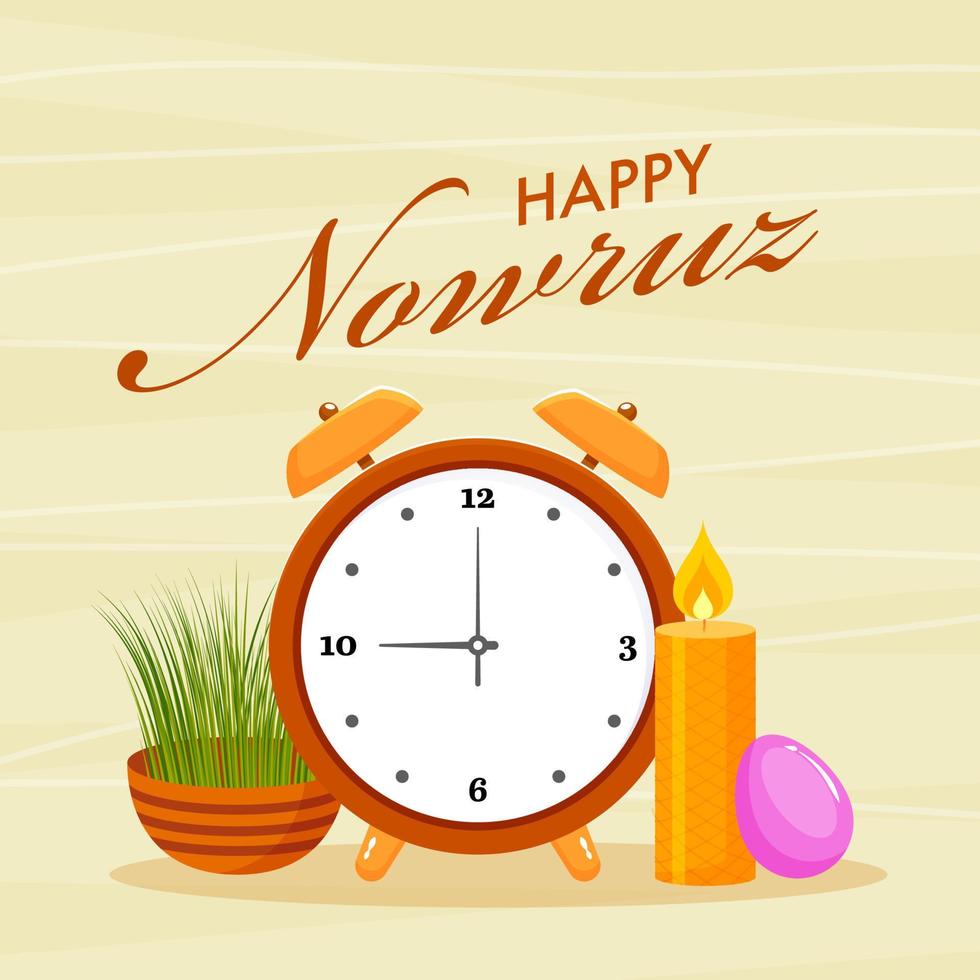 Happy Nowruz Font with Alarm Clock, Egg, Illuminated Candle and Sabzeh on Yellow Strip Background. vector