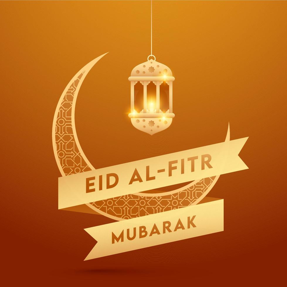 Islamic festival Eid-Al-Fitr Mubarak Concept with hanging golden arabic lantern, crescent floral intricated moon. vector