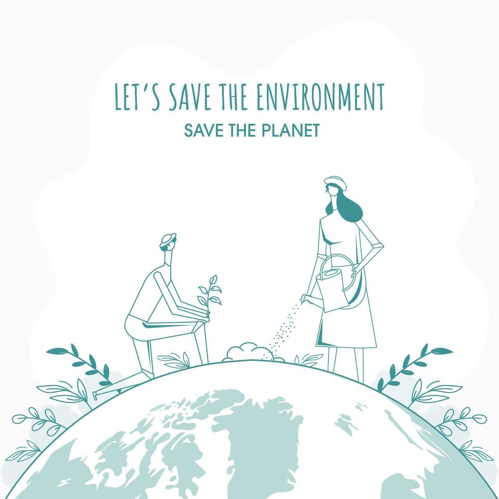 Doodle Style Cartoon Man and Woman Gardening on Earth Globe Background for Save The Environment. vector