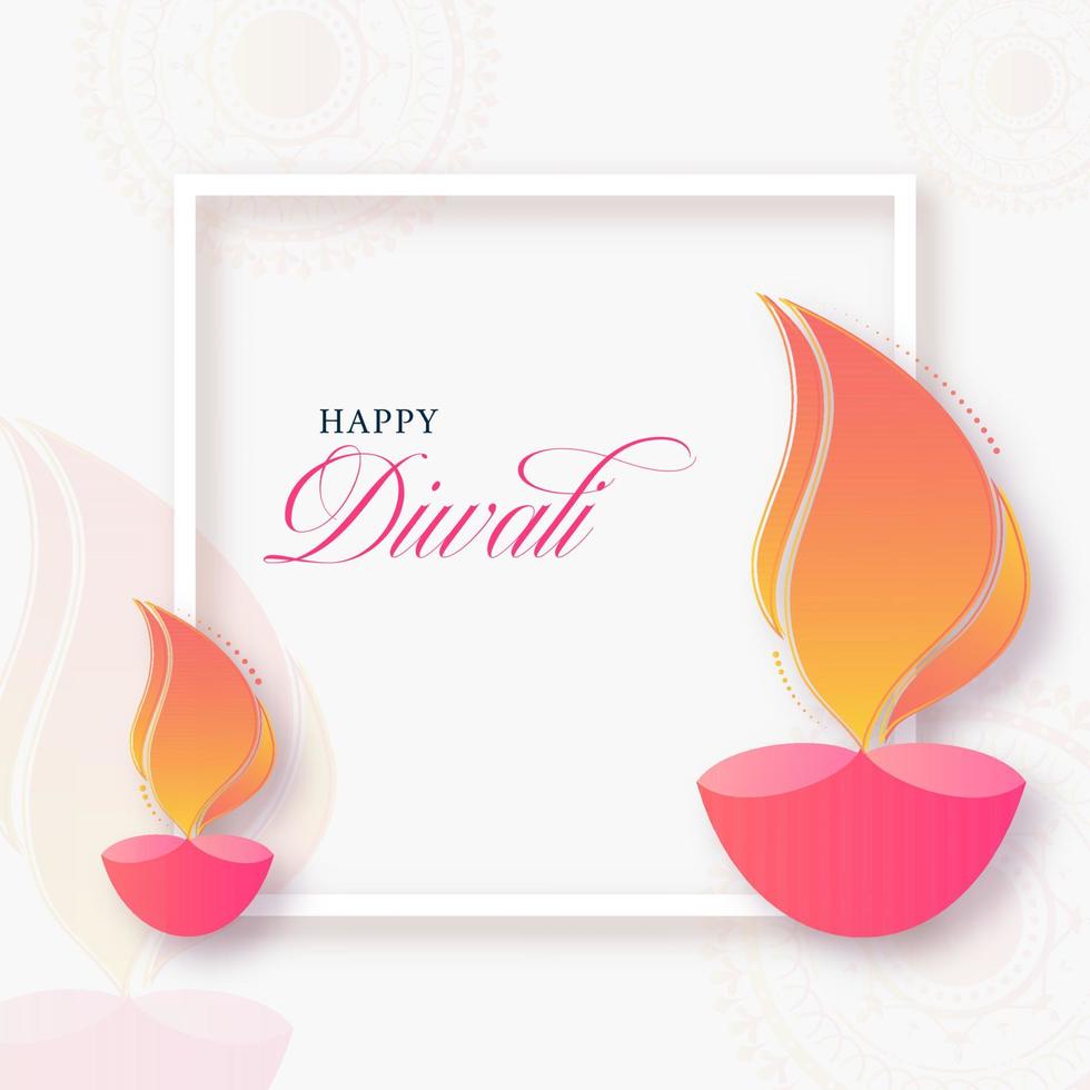 Happy Diwali Font with Lit Oil Lamps on White Mandala Pattern Background. vector