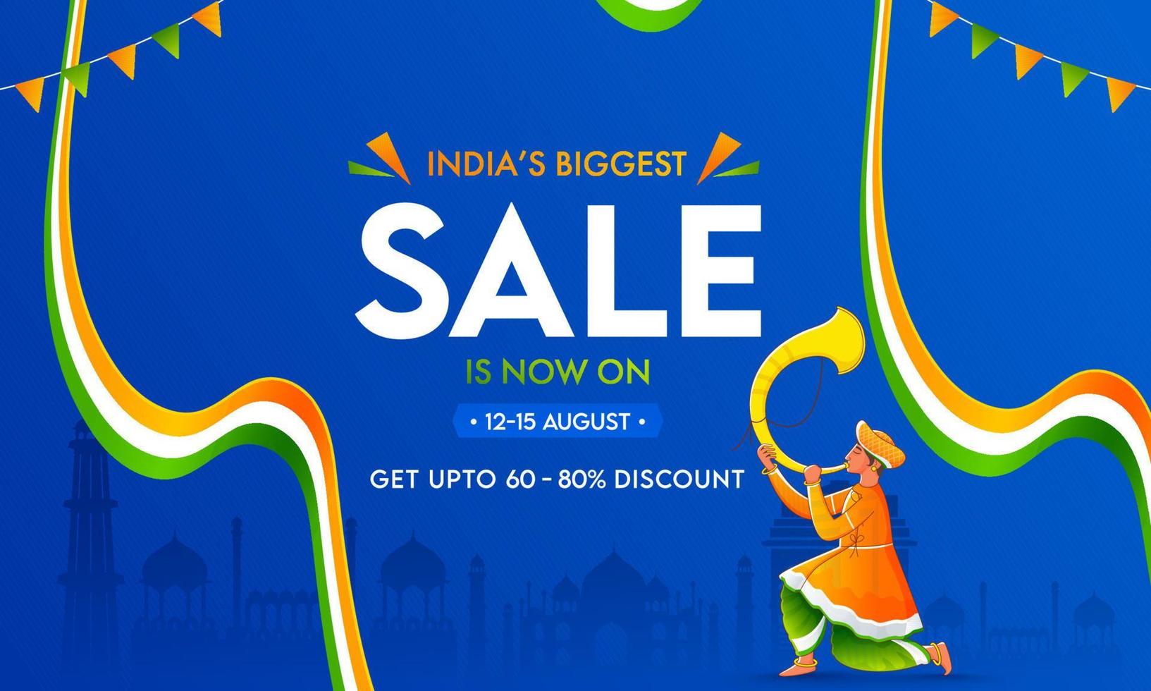 India's Biggest Sale Banner Design with Discount Offer, Tutari Player and Indian Wavy Ribbon on Blue Famous Monuments Background. vector