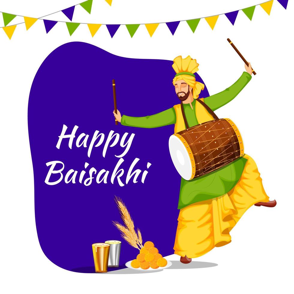 contento baisakhi celebracion concepto con punjabi hombre jugando dhol en bhangra bailar, trigo oreja, indio dulce y vaso de lassi en púrpura y blanco antecedentes. vector