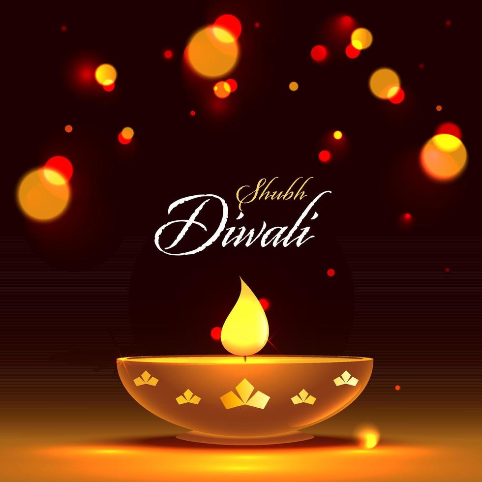 Dark Brown Bokeh Background With Illuminate Oil Lamp For Happy Diwali Celebration. vector