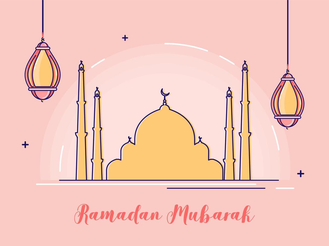 Islamic Holy Month of Ramadan Mubarak with Hanging Lanterns and Mosque on Pink Background. vector