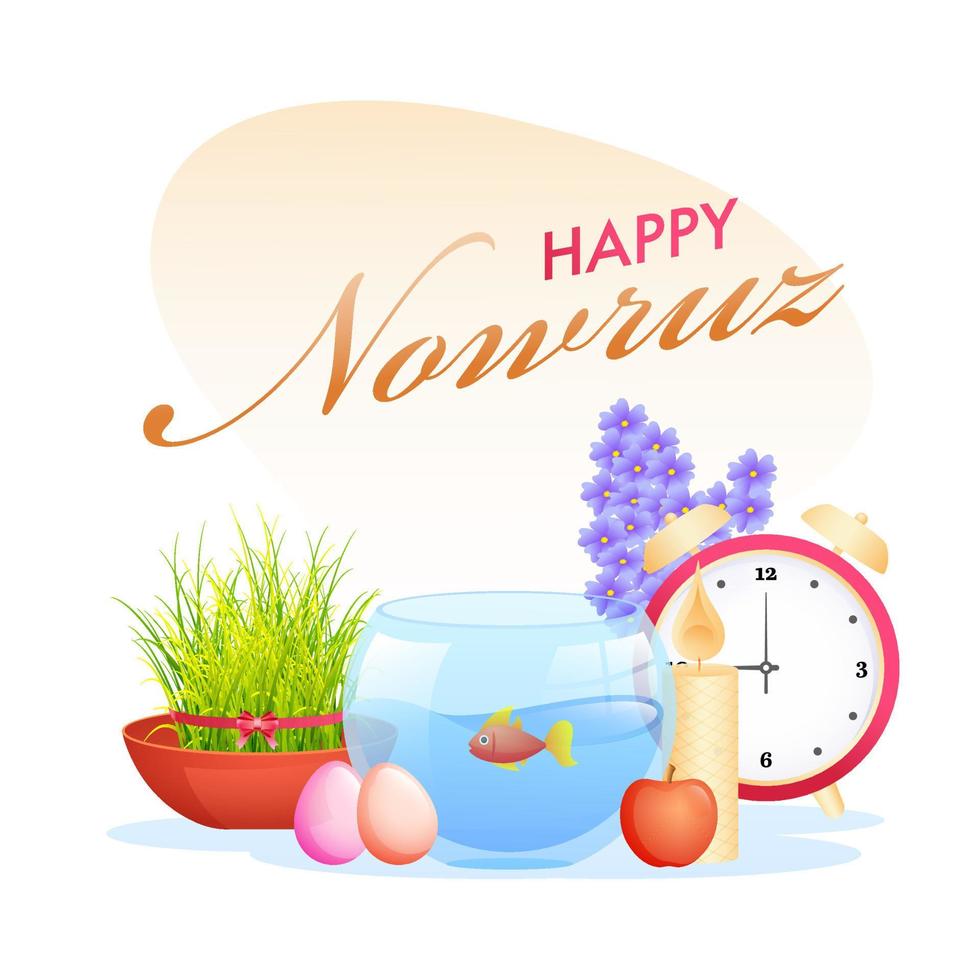 Happy Nowruz Celebration Poster Design with Goldfish Bowl, Alarm Clock, Semeni, Apple, Eggs. Illuminated Candle and Hyacinth on White Background. vector