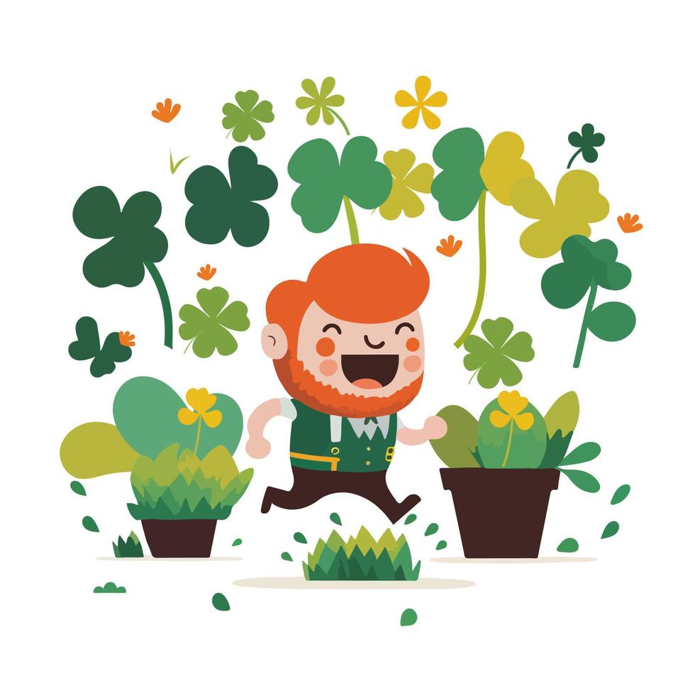 contento duende hombre personaje corriendo en parque o jardín con cactus planta y trébol hojas. S t patricks día concepto. vector