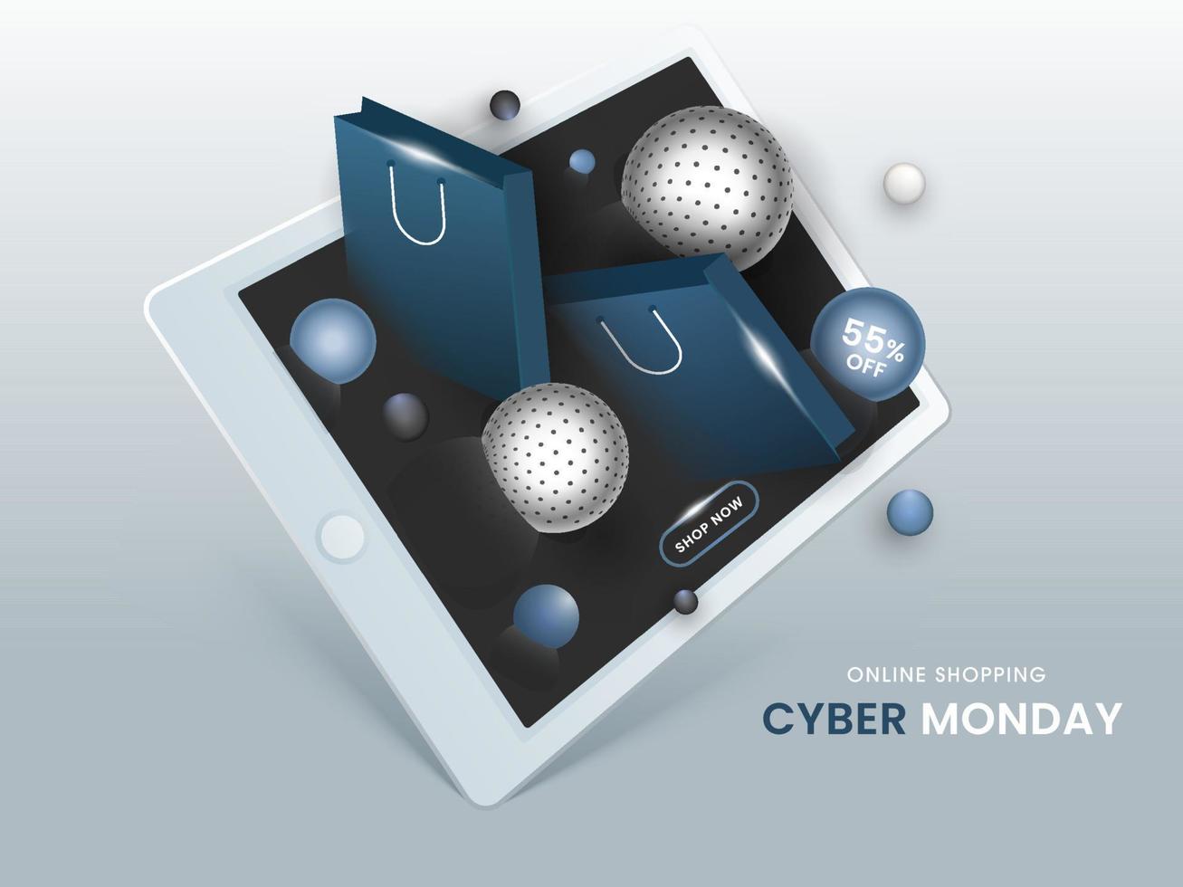 3D Illustration of Smartphone with Spheres, Shopping Bags and Discount Offer for Cyber Monday Sale. Can be used as poster design. vector