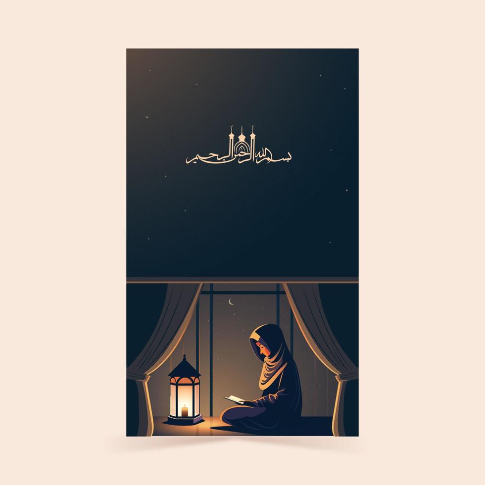 Arabic Islamic Calligraphy of Wishes in the name of Allah, most gracious, most merciful And Muslim Young Woman Reading Quran Book In Night. vector