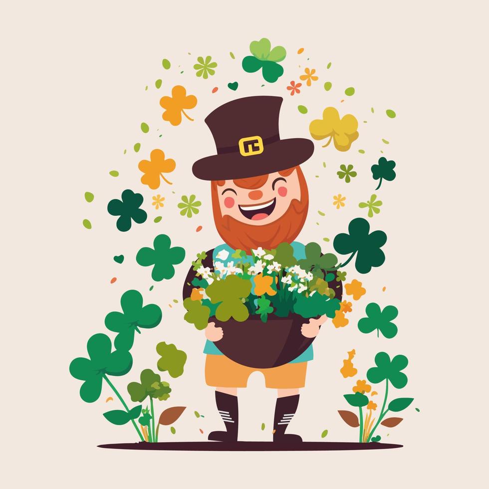 Happy Leprechaun Man Character Holding Clover Plant Vase With Leaves For St patricks day Concept. vector