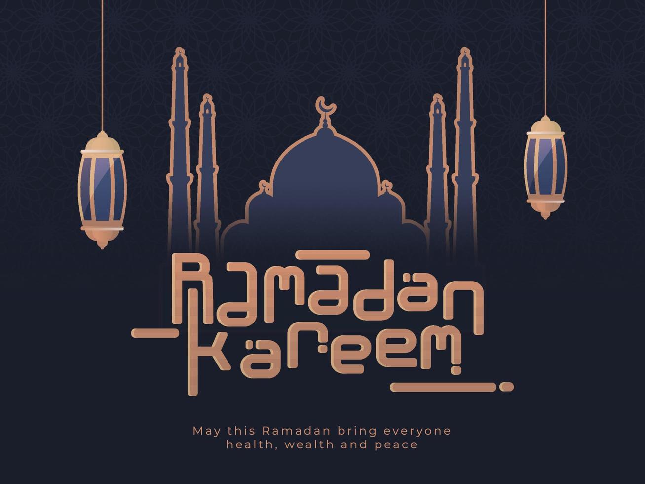 islámico santo mes de Ramadán kareem con colgando linternas, mezquita y elegante texto. vector
