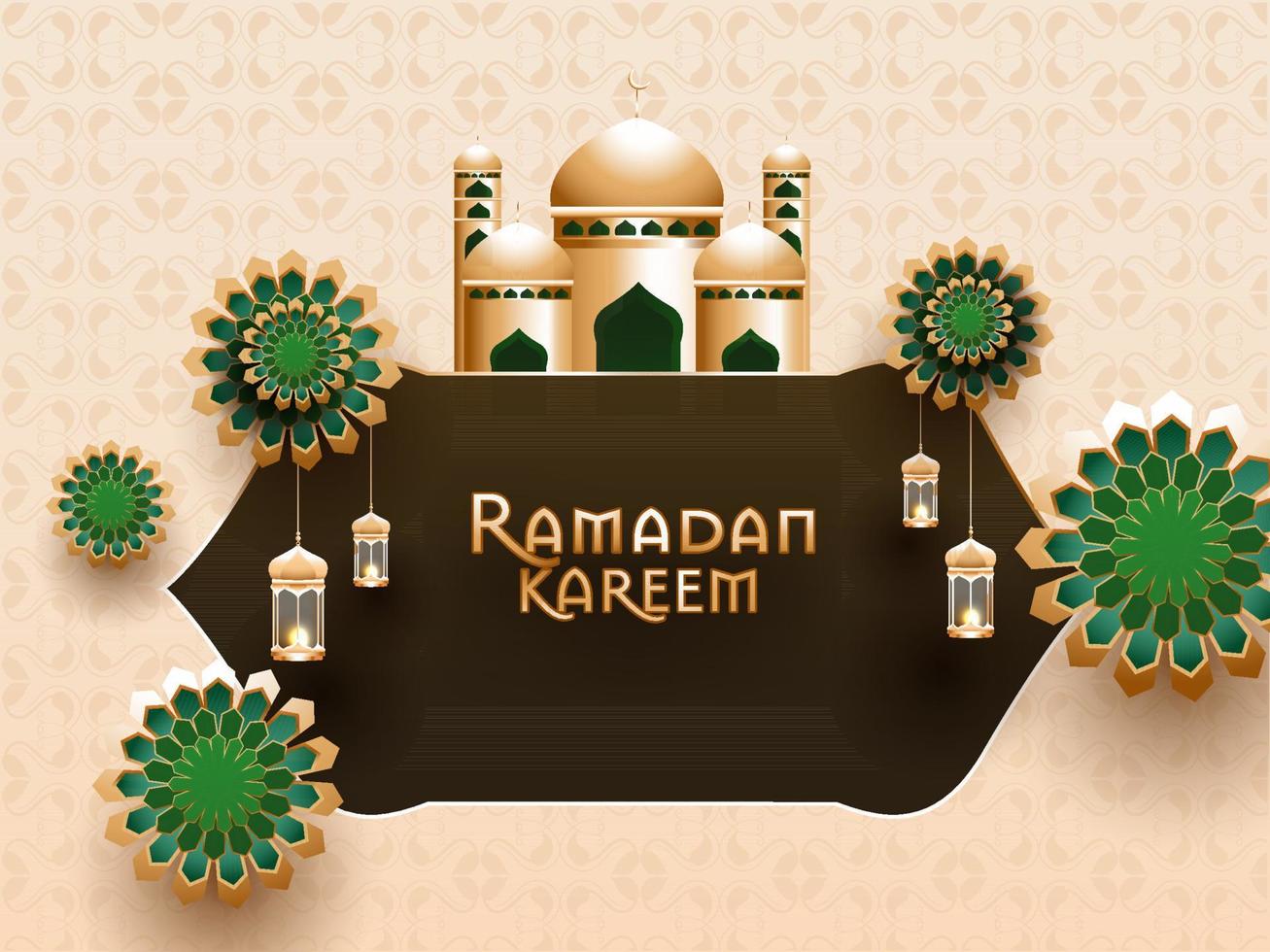 Islamic holy month of Ramadan Kareem concept with beautiful mosque and floral pattern and hanging illuminated lanterns. vector